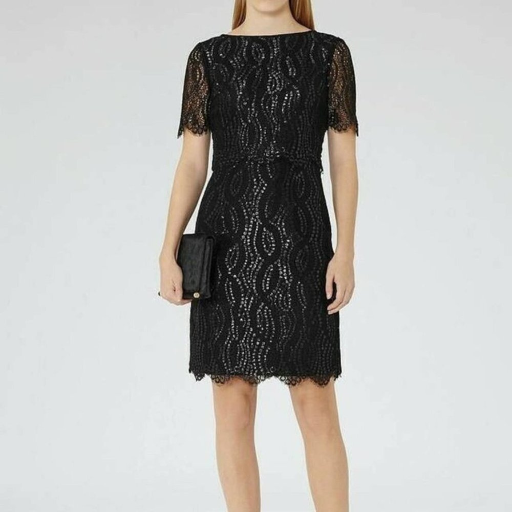 Reiss Lanini Metallic Black Lace Dress Sz 0